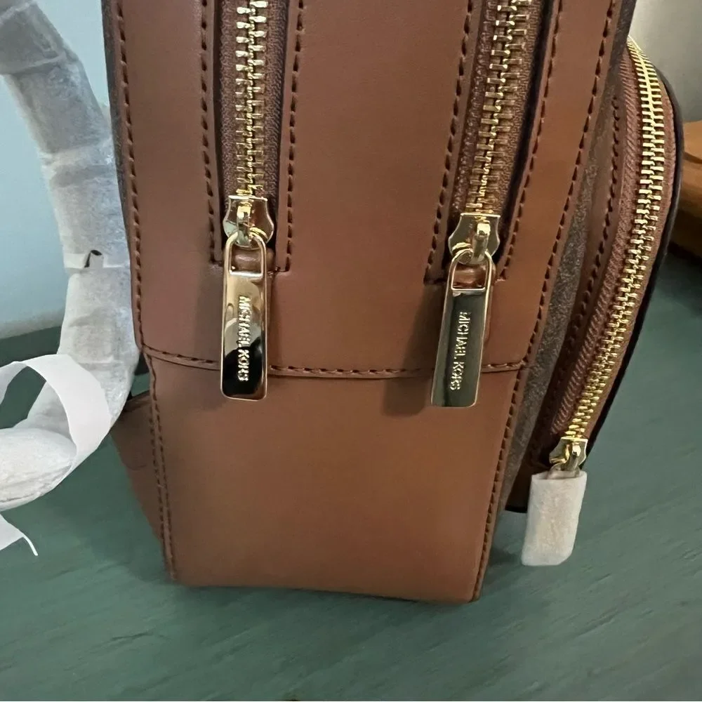 Michael Kors‎ Jaycee Medium Backpack Brown Signature MK Logo Leather Trim